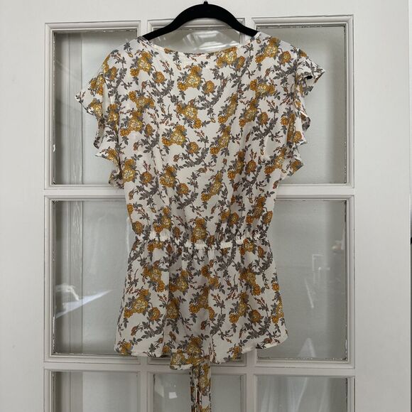 MAX STUDIO Yellow Floral Peplum Blouse Tie Waist Flutter Sleeve Womens S - Picture 5 of 13